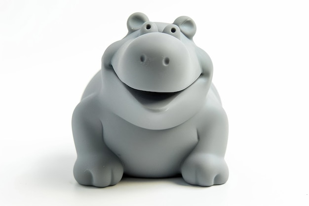 A playful gray hippo sculpture smiles cheerfully while sitting against a bright white background in a cozy creative space