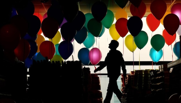 A playful group of people celebrate with vibrant balloons outdoors generated by AI