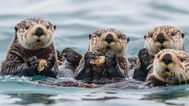 Photo a playful group of sea otters floating on their backs cracking open shellfish with rocks