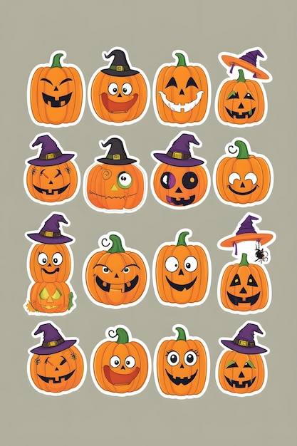 Photo playful halloween pumpkin sticker collection cute and funny designs with white outlines