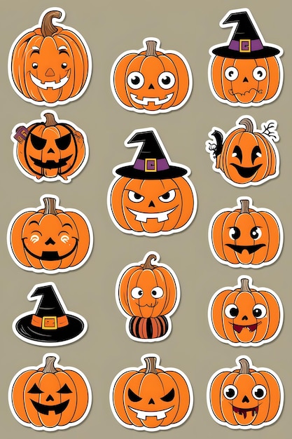 Playful Halloween Pumpkin Sticker Collection Cute and Funny Designs with White Outlines