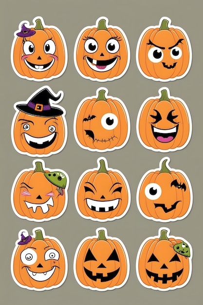 Photo playful halloween pumpkin sticker collection cute and funny designs with white outlines