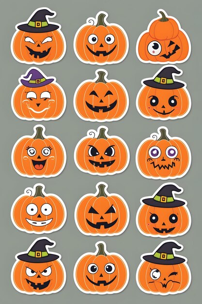 Photo playful halloween pumpkin sticker collection cute and funny designs with white outlines