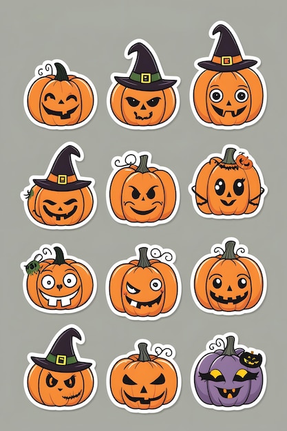 Playful Halloween Pumpkin Sticker Collection Cute and Funny Designs with White Outlines