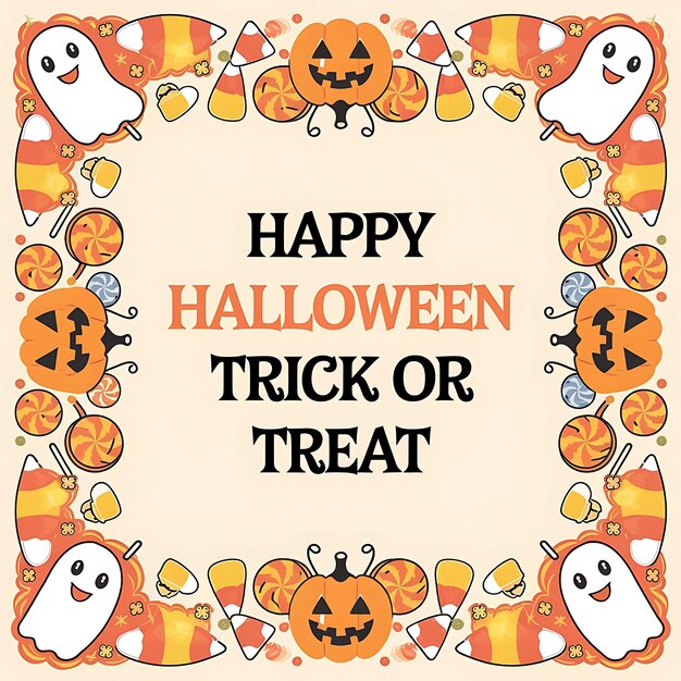 Photo a playful halloweenthemed border surrounds the text happy halloween trick or treat in the center