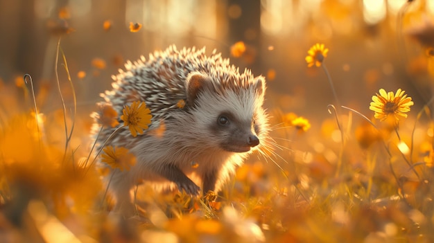 Playful hedgehog blurred background dynamic pose afternoon light Generative AI