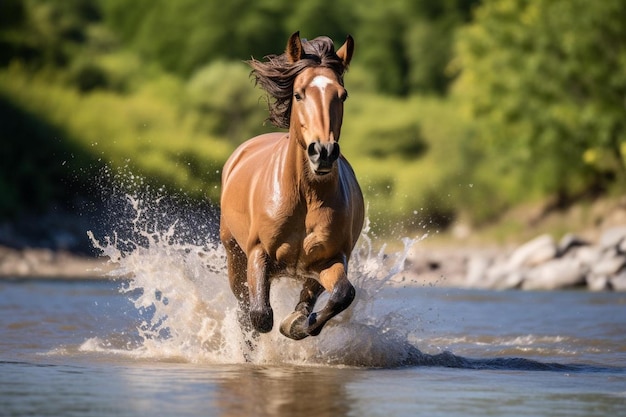 Playful horse in shallow stream