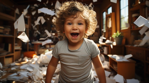 A playful hyperactive cute white toddler misbehaving and making a huge mess in a living-room. Generative Ai