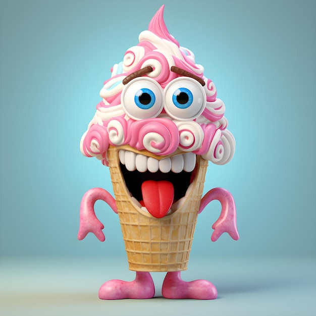 Playful ice cream monster in 3D cartoon