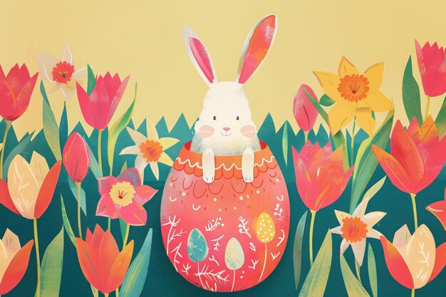 A playful illustration of a bunny popping out of a vibrant Easter egg amidst a field of tulips and daffodils