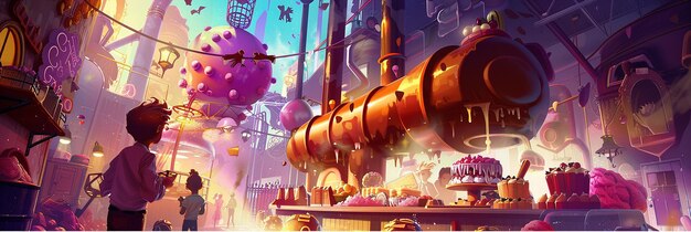 Photo playful illustration of a chocolate factory bustling with activity whimsical and imaginative scene