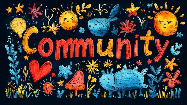 Playful illustration of the word Community with whimsical elements and colors