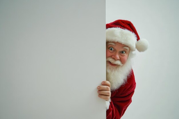 Photo a playful image of santa claus peeking around a white wall