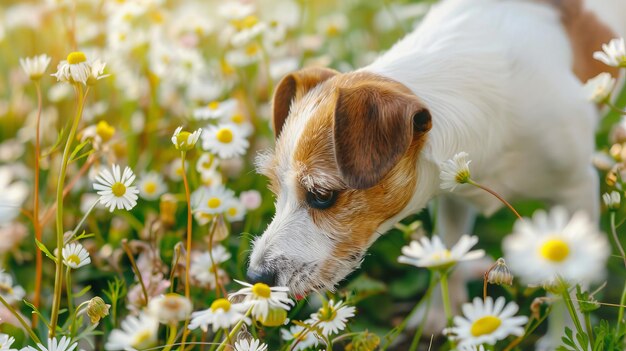 Playful jack russell terrier sniffing daisies in a stunning autumn field scenery