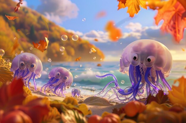 Photo playful jellyfish group enjoying autumn beach in photorealistic cartoon