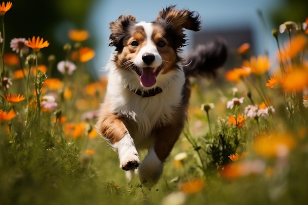 A playful and joyful dog enthusiastically jumping on a flower Generative Ai