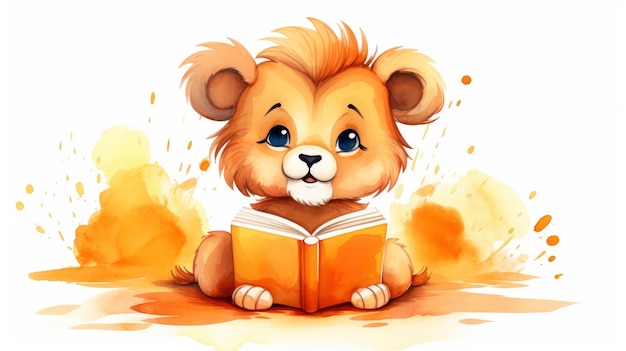 playful kawaii lion reading book watercolor kids draw