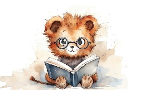 playful kawaii lion reading book watercolor kids draw