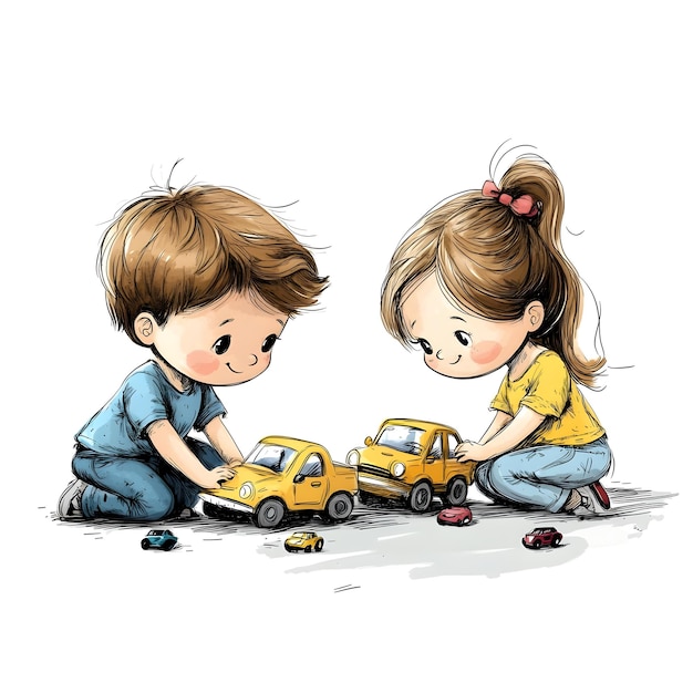 Playful Kids Drawing of Cartoon Boy and Girl Playing with Toy Cars on Clean White Background