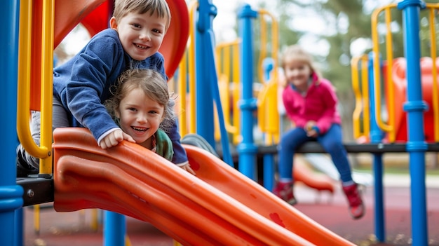 Photo playful kids on playground slide joyful funglide