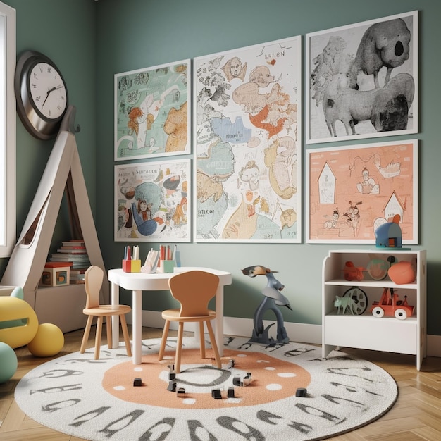 Playful kids playroom with colorful mural and fun toys