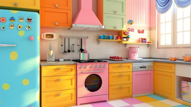 Playful Kitchen with Appliances in Fun Shapes and Silly Magnets on the Fridge