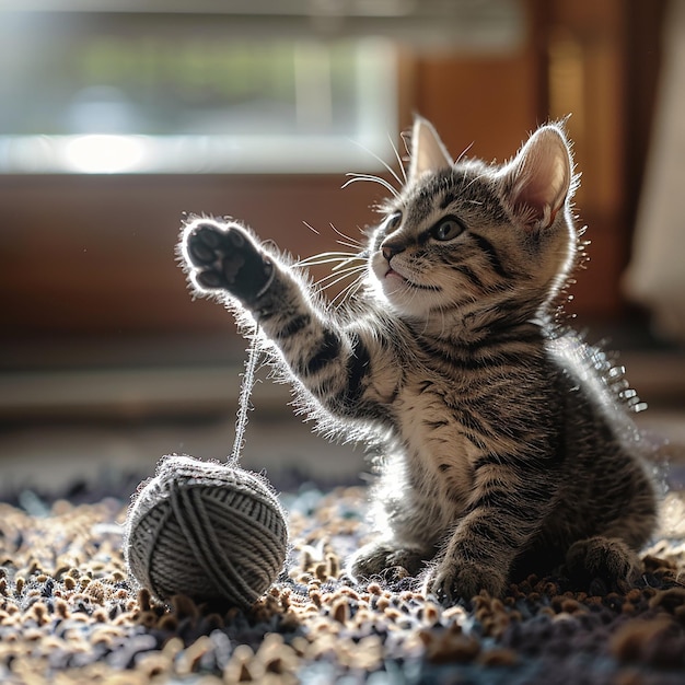 Photo playful kitten batting at a ball of yarn on a soft cozy blanket