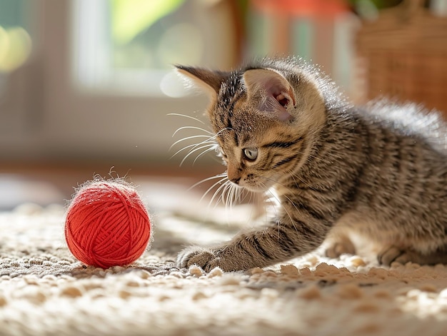 Photo playful kitten batting at a ball of yarn on a soft cozy blanket