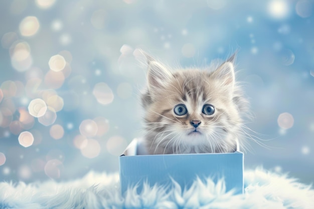 Playful kitten in blue box ideal for babys room