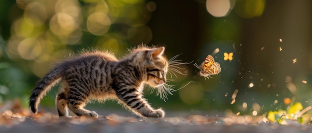 Playful Kitten Chasing a Beautiful Butterfly in a Sunny Garden