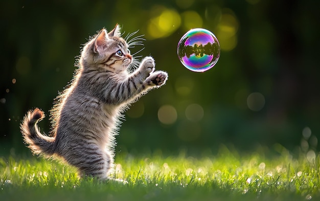 A playful kitten chasing a colorful bubble in a sunlit garden during the afternoon