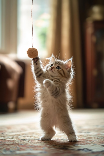 Photo playful kitten engaging with toy adorable cat photography for pet lovers