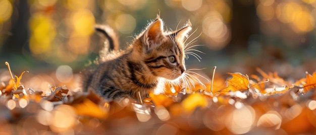 Playful Kitten Enjoying Autumn Cute cat having fun with fallen colorful leaves in the fall season