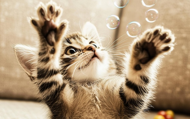 A playful kitten excitedly reaches for floating bubbles in a cozy indoor setting during bright afternoon light