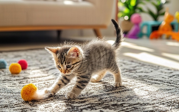 Playful kitten exploring colorful toys in a cozy living room filled with natural light