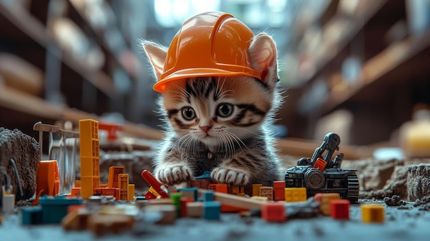 Photo a playful kitten in a helmet with toy tools at a mini construction site