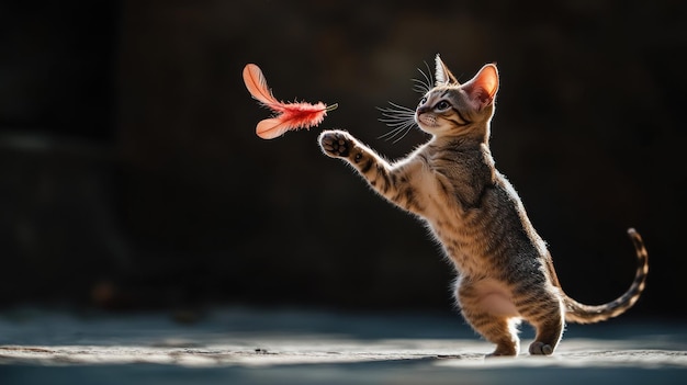 A playful kitten leaps towards a colorful butterfly in a sunlit setting