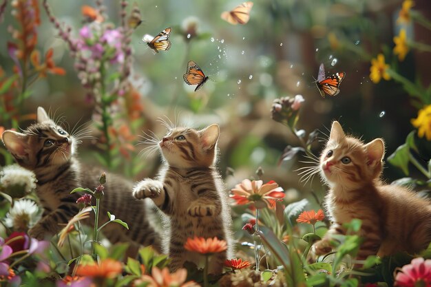 Playful kittens chasing butterflies in a vibrant garden among blossoming flowers