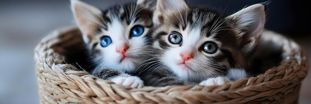 Photo playful kittens cuddling in a basket