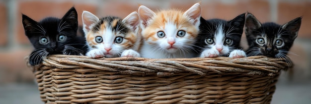 Photo playful kittens cuddling together in a basket