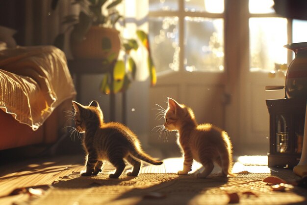 Photo playful kittens exploring a sunlit room