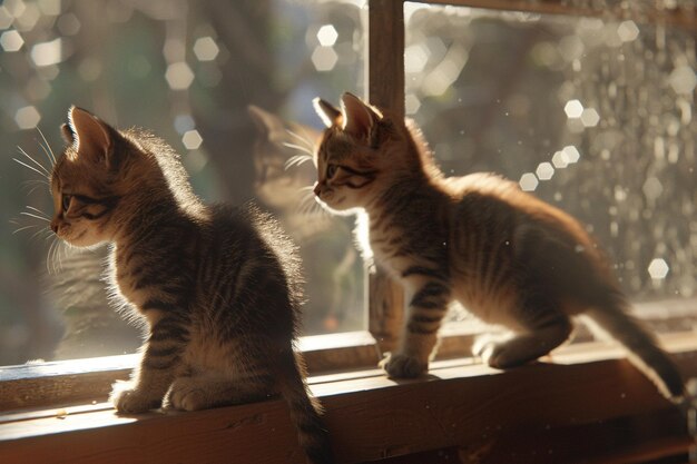 Photo playful kittens exploring sunlit windowsills