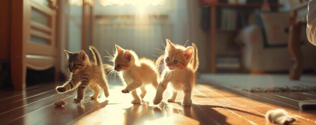 Playful kittens frolicking in a sunlit room 4K hyperrealistic photo