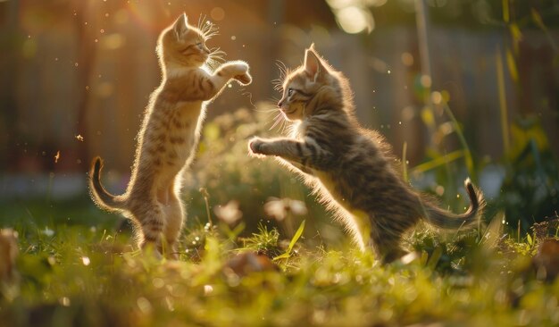 Photo playful kittens in a sunlit meadow