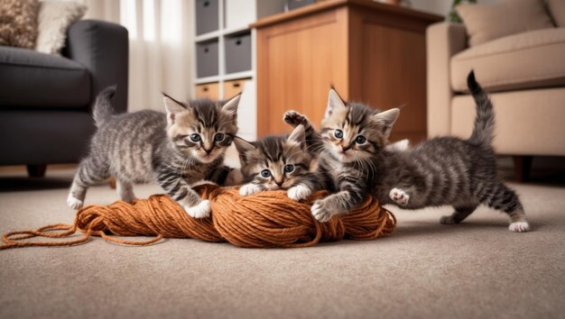 Photo playful kittens tumbling around a colorful pile of yarn in a cozy home