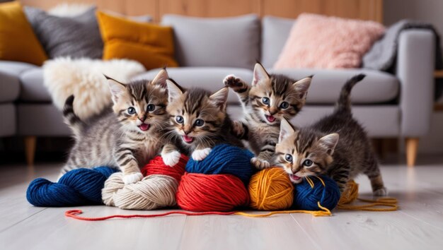 Photo playful kittens tumbling around a colorful pile of yarn in a cozy home