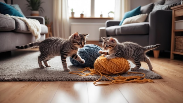 Photo playful kittens tumbling around a colorful pile of yarn in a cozy home