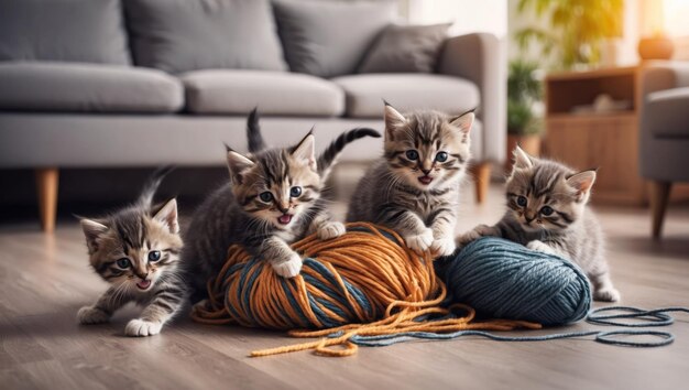 Playful kittens tumbling around a colorful pile of yarn in a cozy home