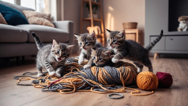 Playful kittens tumbling around a colorful pile of yarn in a cozy home