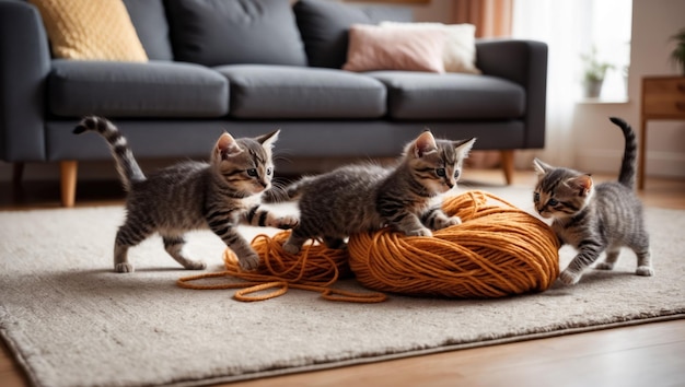 Photo playful kittens tumbling around a colorful pile of yarn in a cozy home